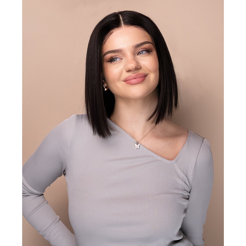 put on & go pre-cut lace bob human wig – 10″ natural black.