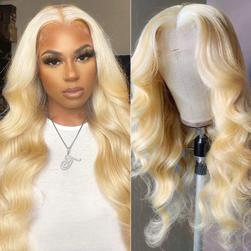 613 Blonde Color Transparent 13*1 Body Wave Lace Front Wig Human Hair Wigs 10Inch
