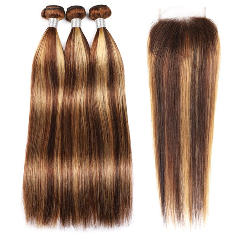 Honey Blonde Highlight Straight Hair 3 Bundles with 4×4 Lace Closure 16 18 20+16 P4/27 4*4