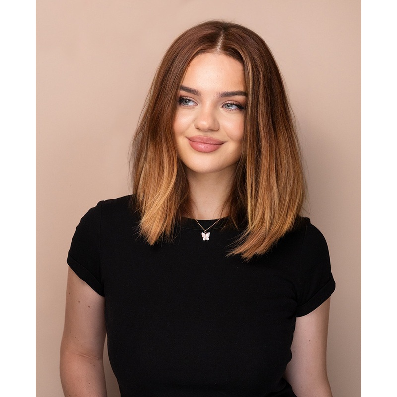 long bob human wig – 10″ rooted blonde.