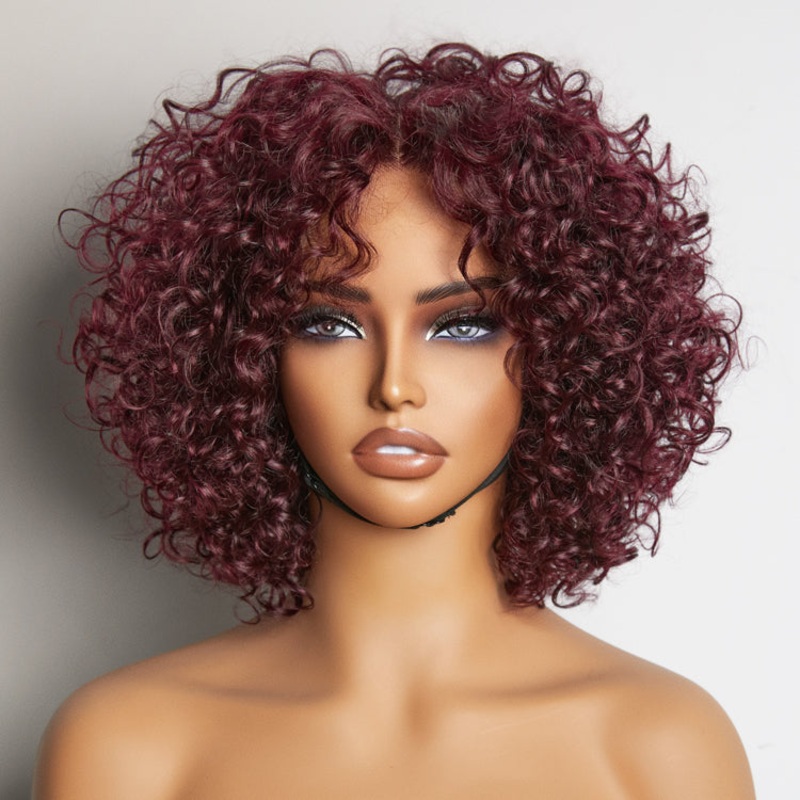 Trendy Burgundy Curly Bob Glueless Minimalist Lace T Part Wig 100% Human Hair – 99J 8 No