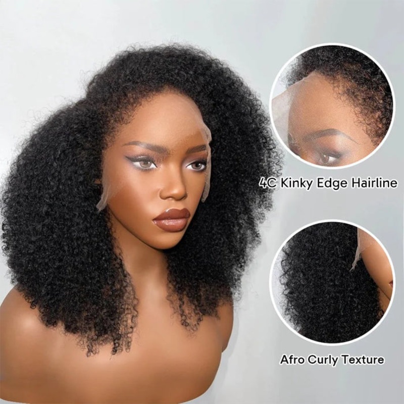 4C Kinky Edge Hairline Afro Kinky Curly Wigs Pre Cut 8×5 HD Lace Human Hair Glueless Wig Pre Bleached 12 8×5 Lace Wear Go 180%