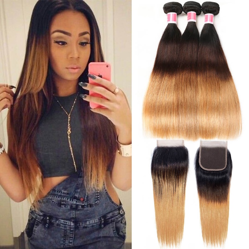 Ombre T1b/4/27 Brazilian Straight Hair 3 Bundles with Closure 100% Unprocessed Virgin Human Hair 12 12 12+10 Free Part