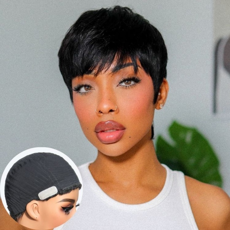 Weekly Special | Throw On & Go Short Cut with Bangs Ultra Comfort Cotton Cap Glueless Wig Hair Loss Friendly – US Only 6 | US Only Just the Wig
