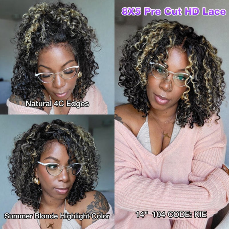 4C Edges Highlight Curly Wig Pre Bleached Knots HD Lace Front Wig Ready Go Glueless Wigs 12 8×5 Pre Cut Lace