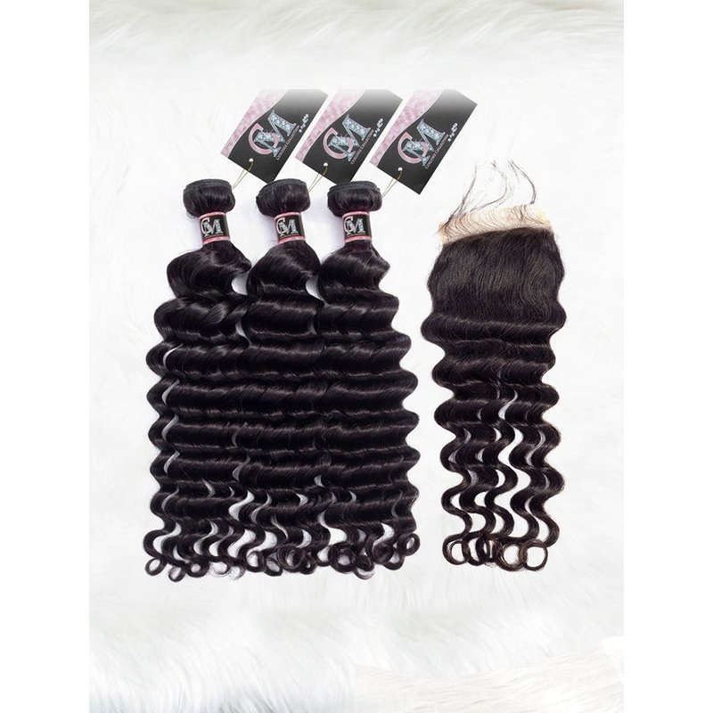 CurlyMe Loose Deep Virgin Human Hair 4 Bundles with 4×4 Closure Natural Black 8 8 10 10 4×4 Closure 8