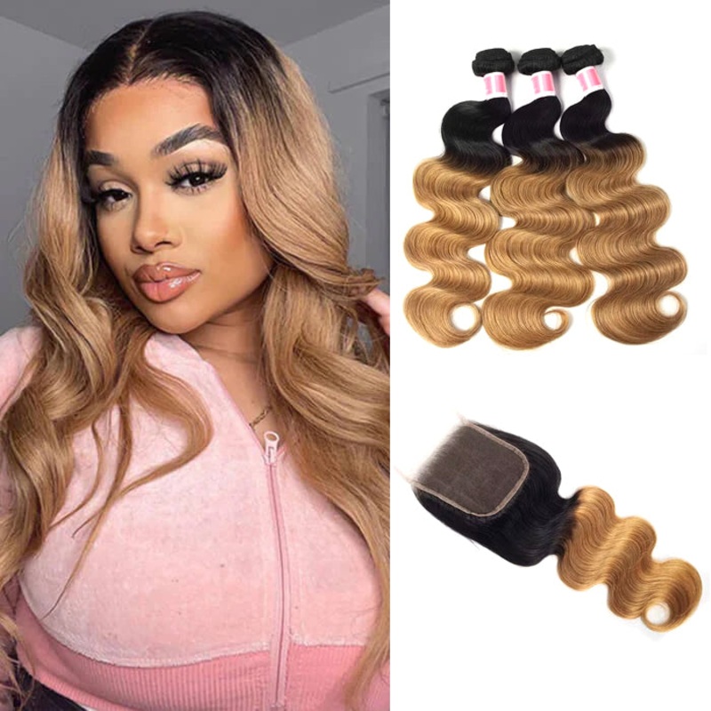 Ombre T1b/27 Body Wave 3 Bundles with Closure Free Part Virgin Human Hair Free Part 12 12 12+10 Brazilian Hair