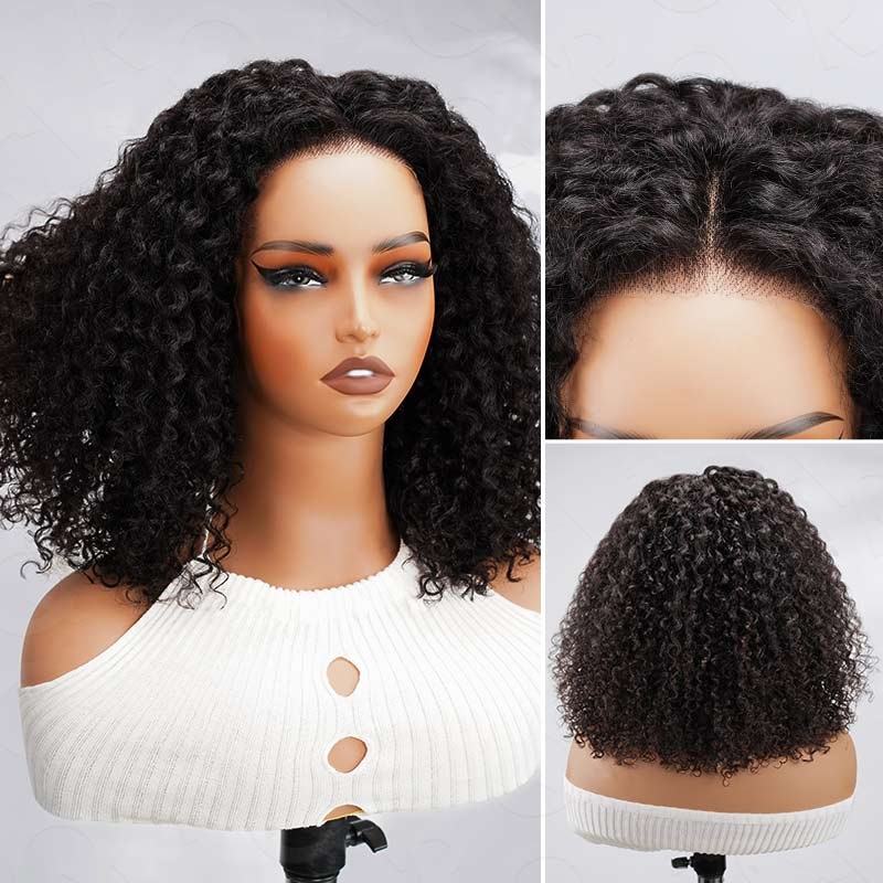 QVR Glueless Kinky Curly 5×5 Lace Closure Wig Ready to Go Soft Short Bob Wigs Kinky Curly 5×5 Lace(Pre-cut) 12”