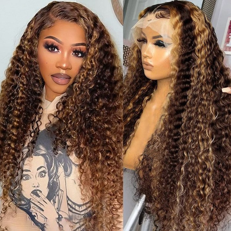 QVR Highlight 13×4 Piano Color Deep Wave Pre-plucked Lace Frontal Human Hair Wig 18 180% 13×4 Regular Lace