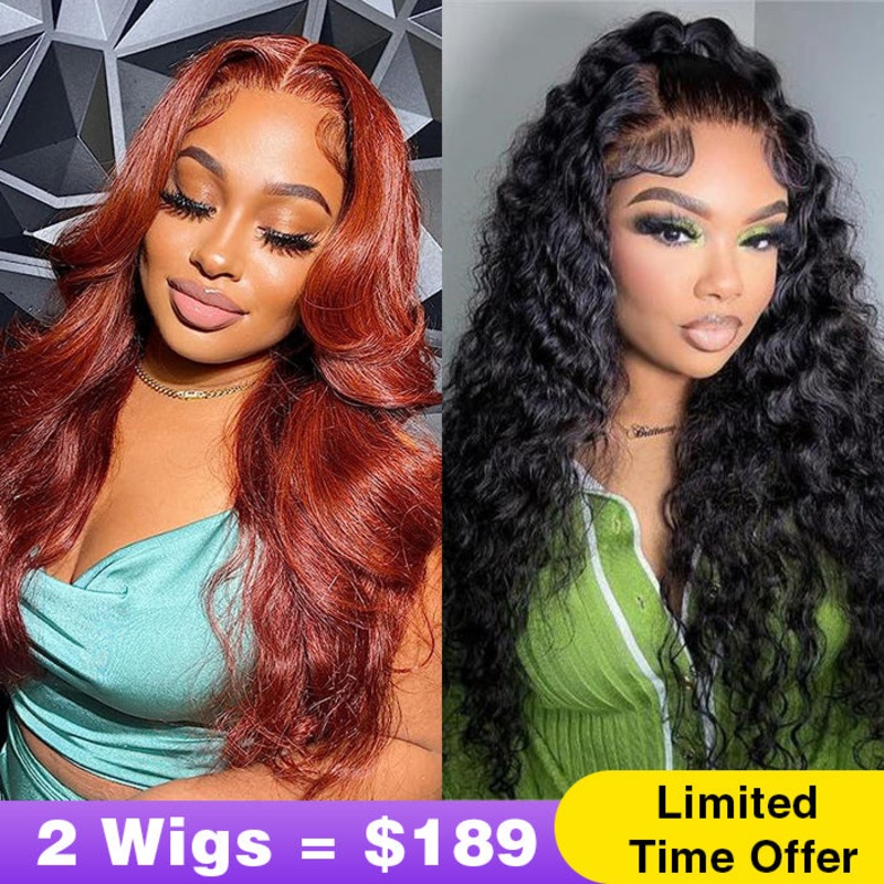 2Wigs = $189 | #33 Reddish Brown Color Body Wave Wig + Glueless Water Wave Wig 8×5 Pre Cut Lace – #33 Color Body Wave Wig – 20″ 8×5 Pre Cut Lace – Water Wave Wig – 20″