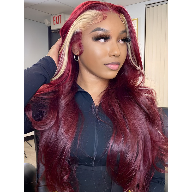 CurlyMe Burgundy Color Straight Hair With Blonde Skunk Stripe 13×4 Lace Front Wig Highlights Ombre Hair 180% 16