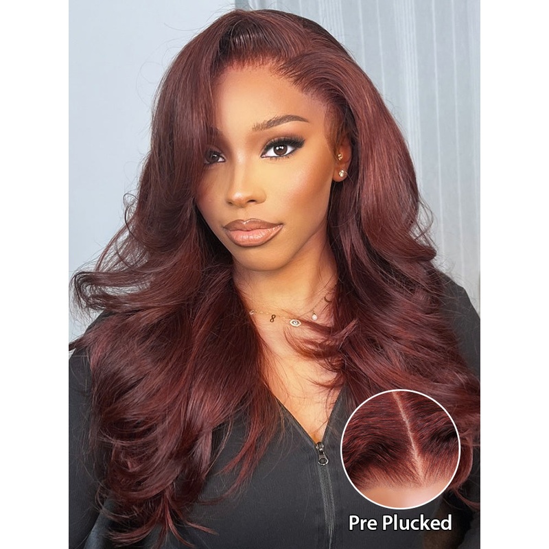 CurlyMe Pre-Plucked Wear Go Glueless Reddish Brown Body Wave Hair Pre-cut Lace 180% 10(bob)