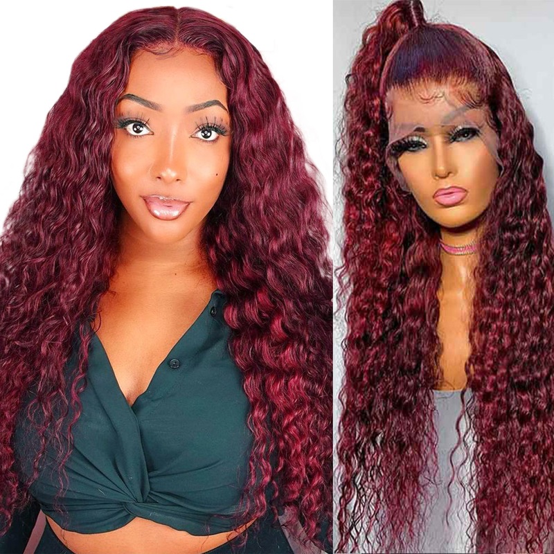 QVR 99J Burgundy Deep Wave Wigs Remy Human Hair Glueless Wigs 16-30 Inch Colored Curly 13×4 Lace Frontal Wigs 16″ 5X5 Lace Closure Wig 200%