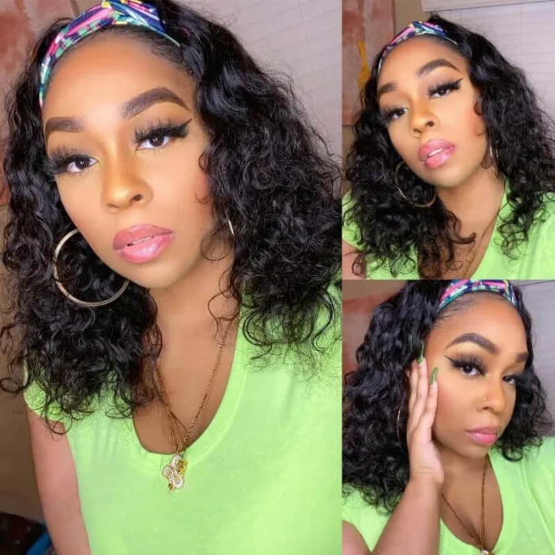 Straight Hair Curly Hair Headband Bob Wig Human Hair Half Wig 220% Density 10inch Water Wave 220%