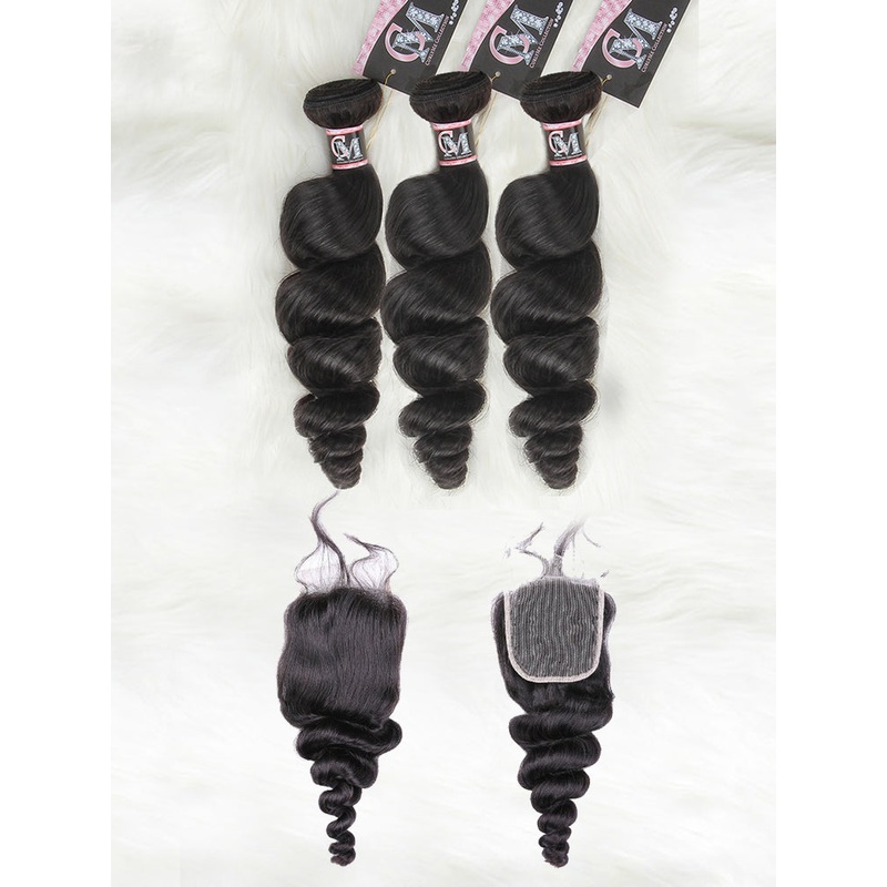 CurlyMe Loose Wave Virgin Human Hair 3 Bundles With 4×4 Closure Natural Black 8 10 12 4×4 Closure 8