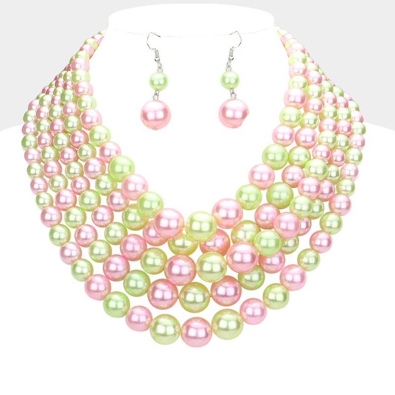 Pearl Multi Strand Bib Necklace Pink&Green