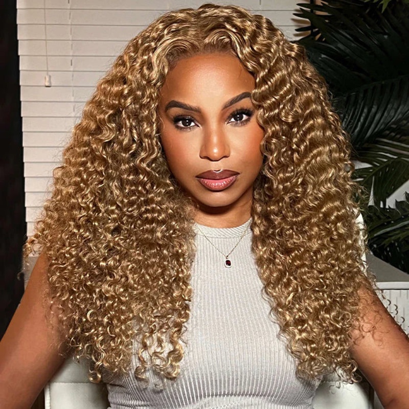 QVR #27 Blonde Curly Pre Plucked Real 13×4 Lace Frontal Wigs 180% Density Deep Parting Human Hair Wigs 4×4 Lace 14