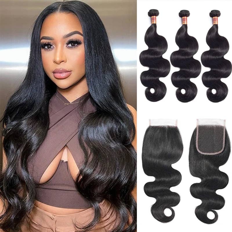 QVR Body Wave Hair Weave 3 Bundles With 4×4 Lace Closure Best Virgin Human Hair 3 Bundles with 4×4 Lace Closure 8”8”8”+8”