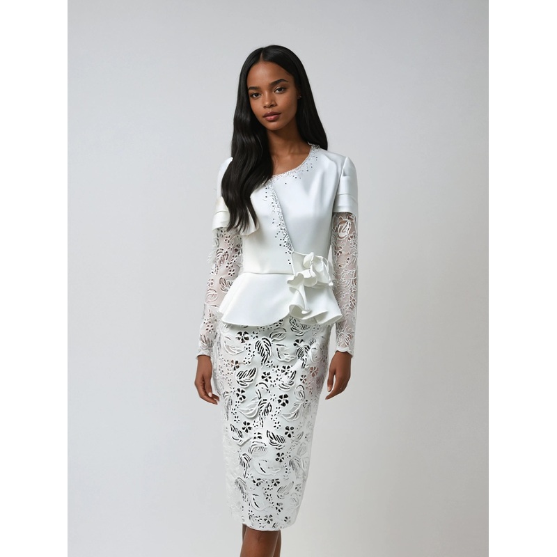 White Peplum Church Dress with Lace – 4885 White 8
