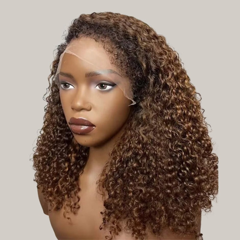 4C Curly Edges Hairline Wig Golden Brown Color Human Hair Curly Wigs 13×6 Full HD Lace Frontal Glueless Wig 12 8×5 Lace 180%
