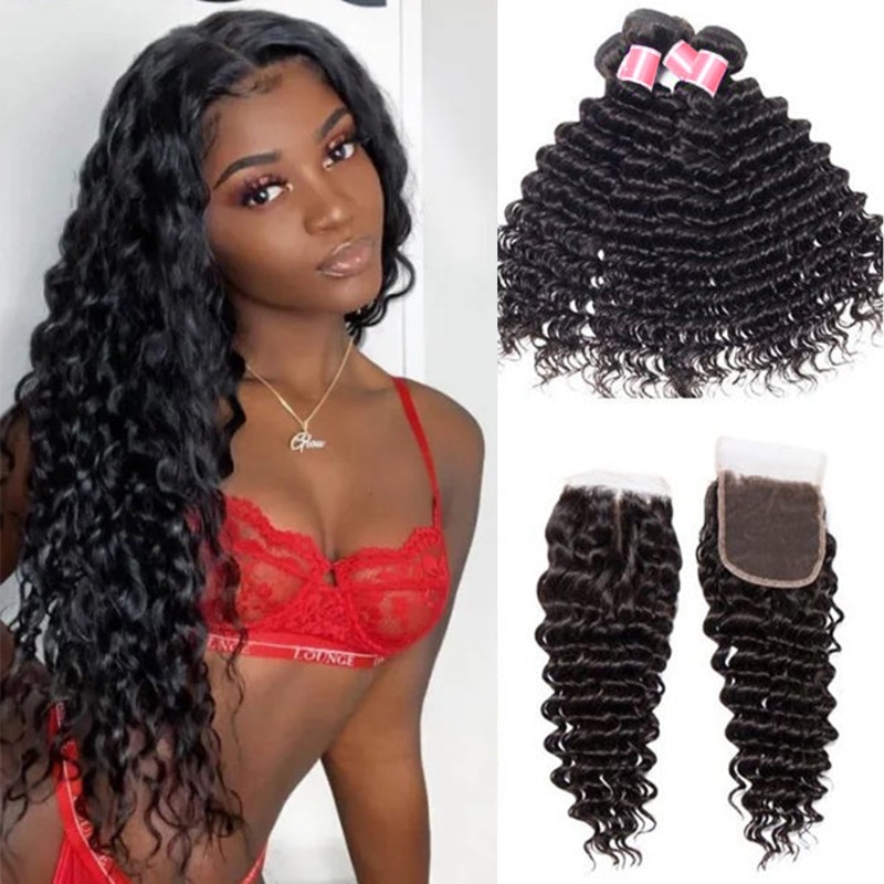 Brazilian Deep Wave 4 Bundles with 4*4 Lace Closure Virgin Human Hair 10 10 12 12+8 Free Part