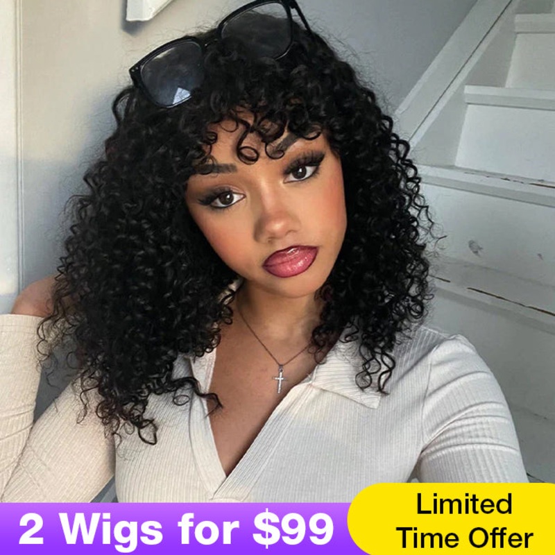 Curly Short Bob Wig With Bangs None Lace Full Machinemade Human Hair Wigs Glueless Beginner Friendly 10 Curly 220%