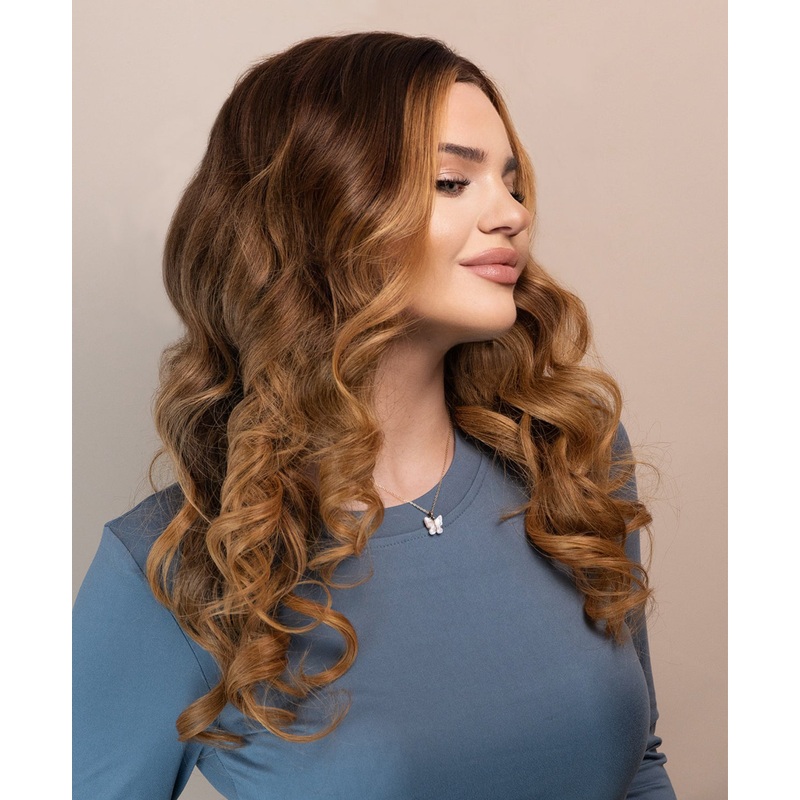 lace front human wig – 20″ chestnut blonde balayage.