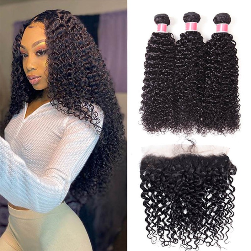 Malaysian Curly Hair Virgin Hair Weave 3 Bundles With 13×4 Lace Frontal Ear To Ear 12 12 12+10