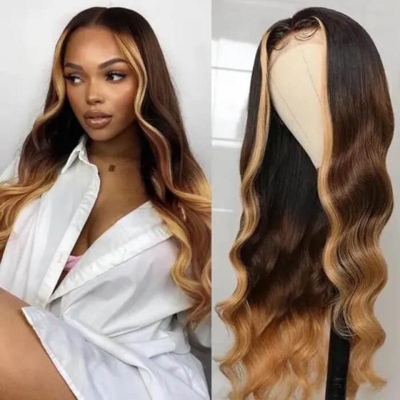 Ombre Lace Front Wigs with Blonde Highlight #T1B/4/27 Three Tone Brazilian Body Wave HD Lace Human Hair Wigs 16 4×4 Lace 150%
