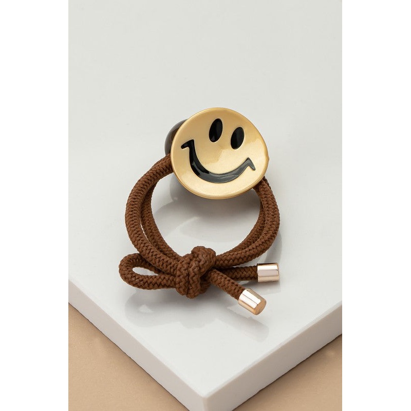 Smiley face hair elastic tie with a grey bead Brown one size