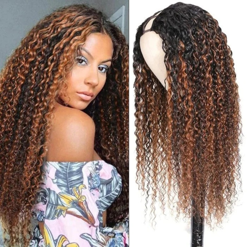V/U Part Wig Curly Balayage Highlight Color Wigs Human Hair Beginner Friendly No Lace 12 V Part 150%