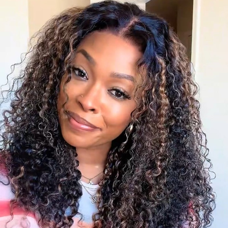 Curly Black Wig With Golden Brown Highlights Snugfit Glueless HD Lace Wig Huma Hair Pre-cut Pre-pluck Pre-bleached 12 Pre Cut 5×5 Lace 180%