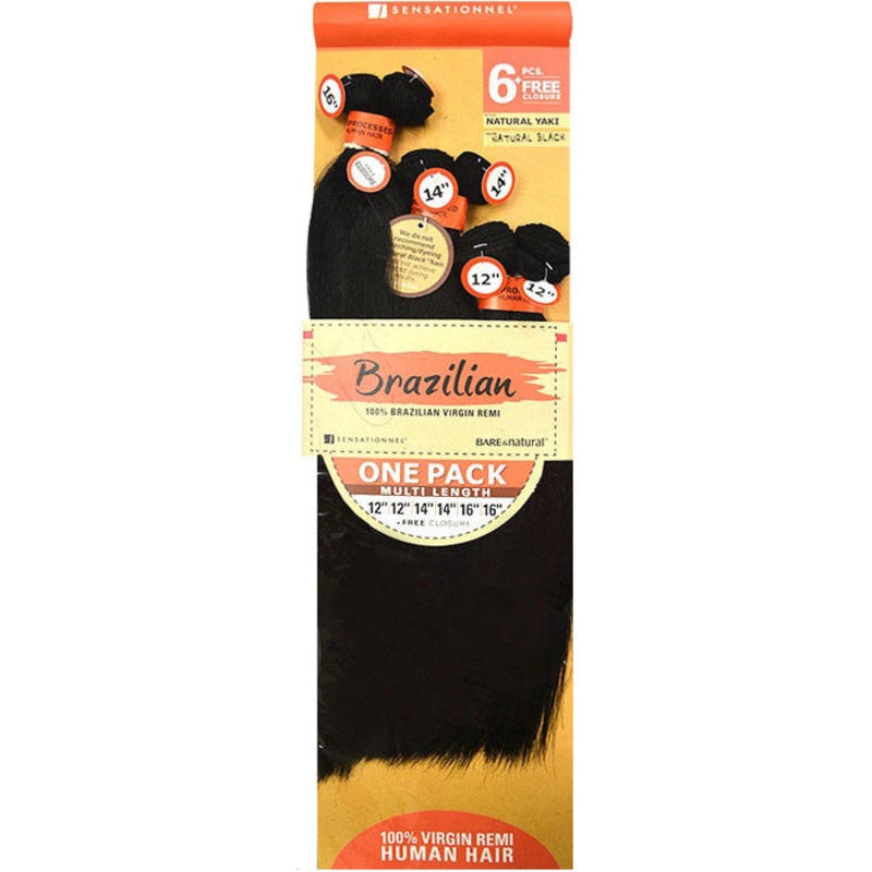 Sensationnel Bare & Natural Brazilian 100% Virgin Remi Weave – NATURAL YAKI 6 PCS + FREE CLOSURE 14/16/18 NATURAL/BLACK