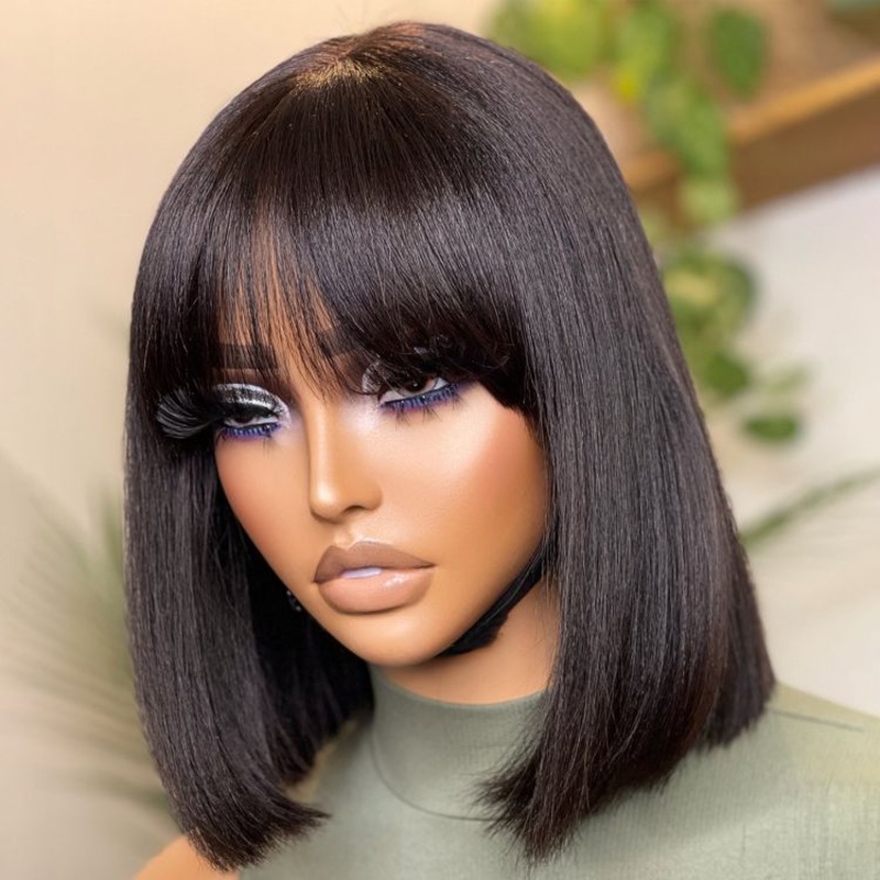Weekly Special | Put On and Go Realistic Glueless Yaki Straight Bob with Bangs Minimalist Lace Wig 100% Human Hair Natural Black 10