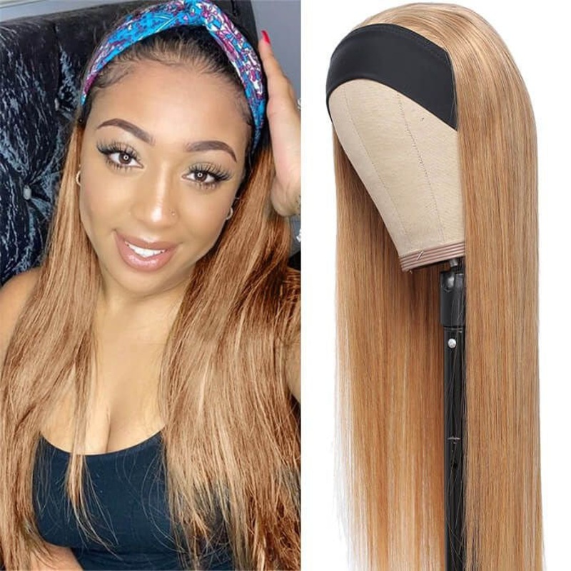 #27 Honey Blonde Headband Wigs Straight/Body Wave Human Hair Half Wigs 14 #27 Straight 150%