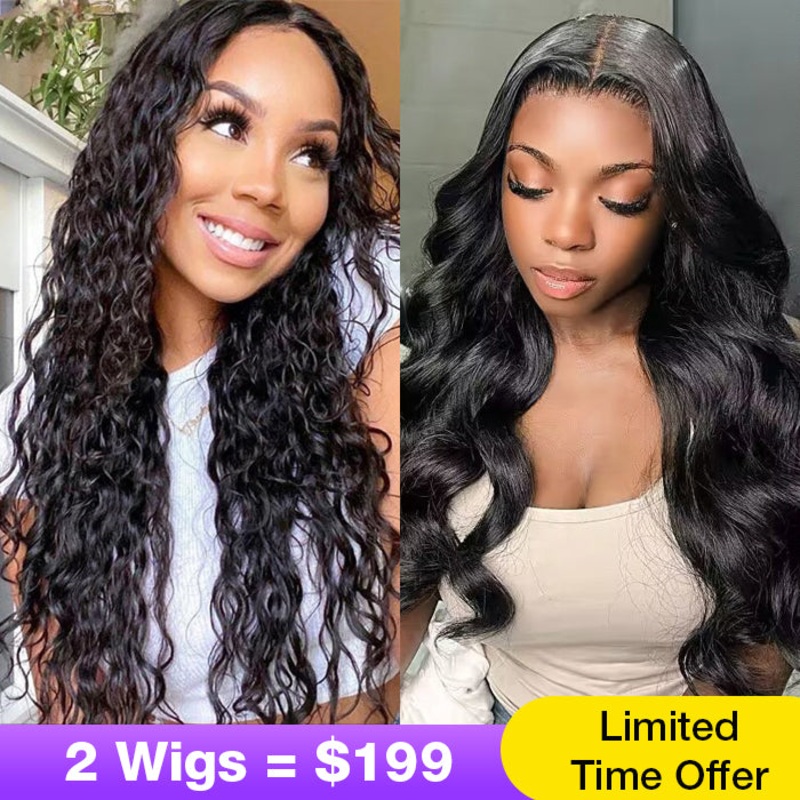 2Wigs = $199 | Water Wave & Body Wave Glueless Pre Everything Put On & Go Wig Beginner Friendly 8×5 Pre Cut Lace – Water Wave Wig – 20″ – 220% 8×5 Pre Cut Lace – Body Wave Wig – 20″ – 220%