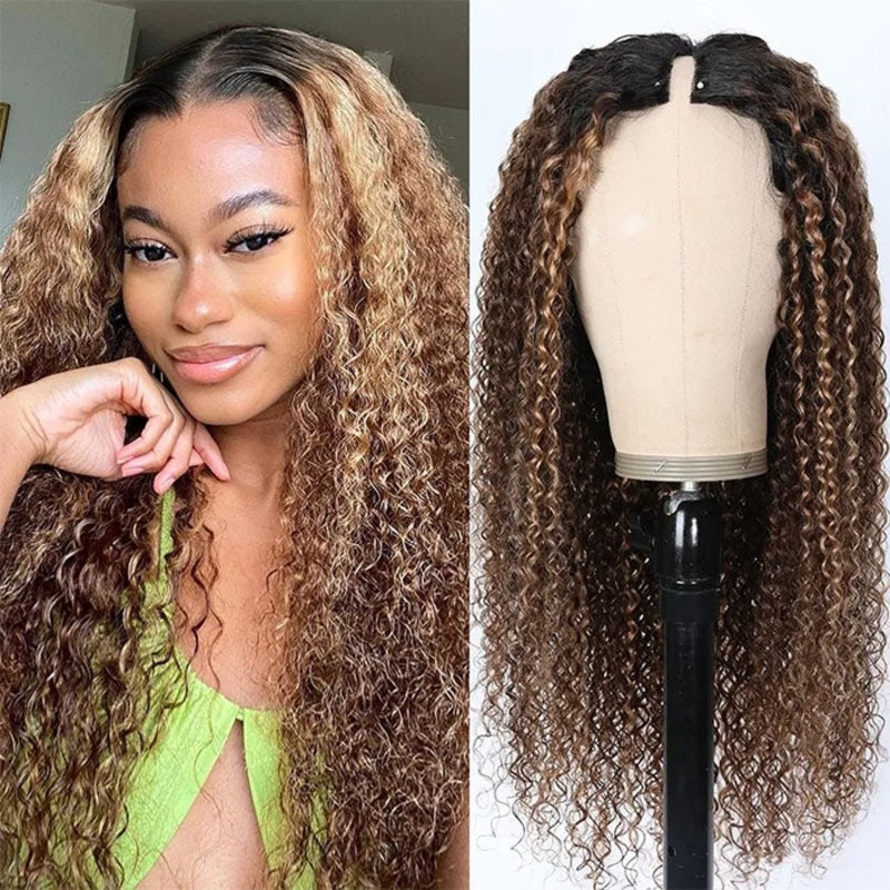 4/27 Blonde Highlights Jerry Curly V/U Part Human Hair Wig Beginner Friendly No Lace 12 V Part 150%