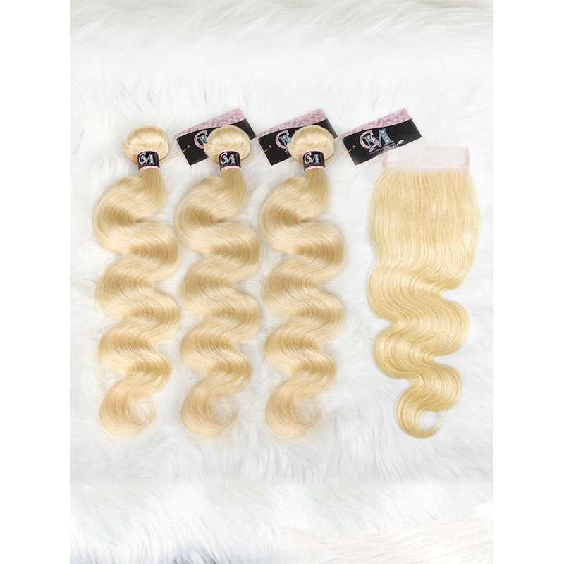 CurlyMe 613 Blonde Virgin Human Hair Body Wave 3 Bundles With 4×4 Closure 8 10 12 4×4 Closure 8