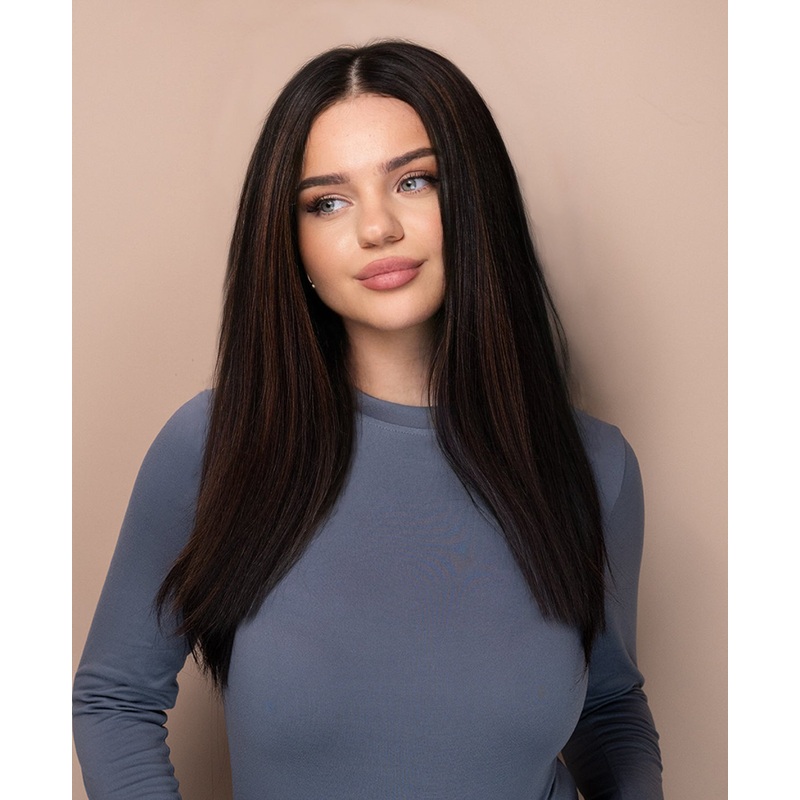 lace front human wig – 18″ mocha balayage.