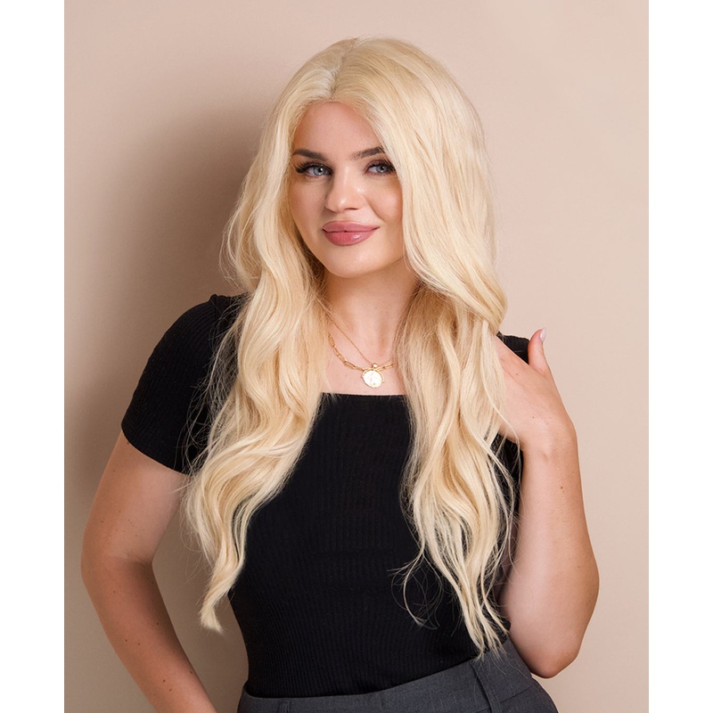 lace front  human wig – 20″ platinum blonde.