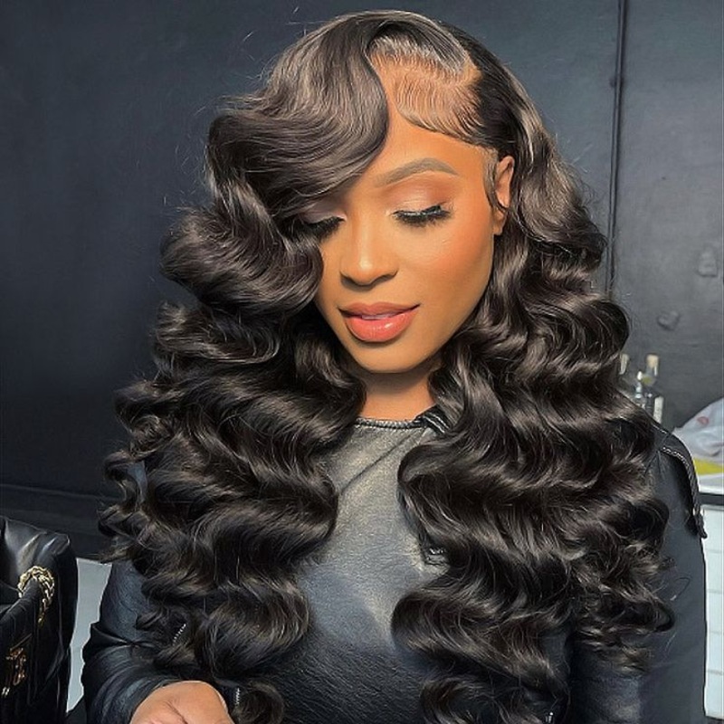 QVR Loose Wave Full Lace Wig Handmade Natural Black Human Hair Knotless Wigs 14” 180% Full Lace