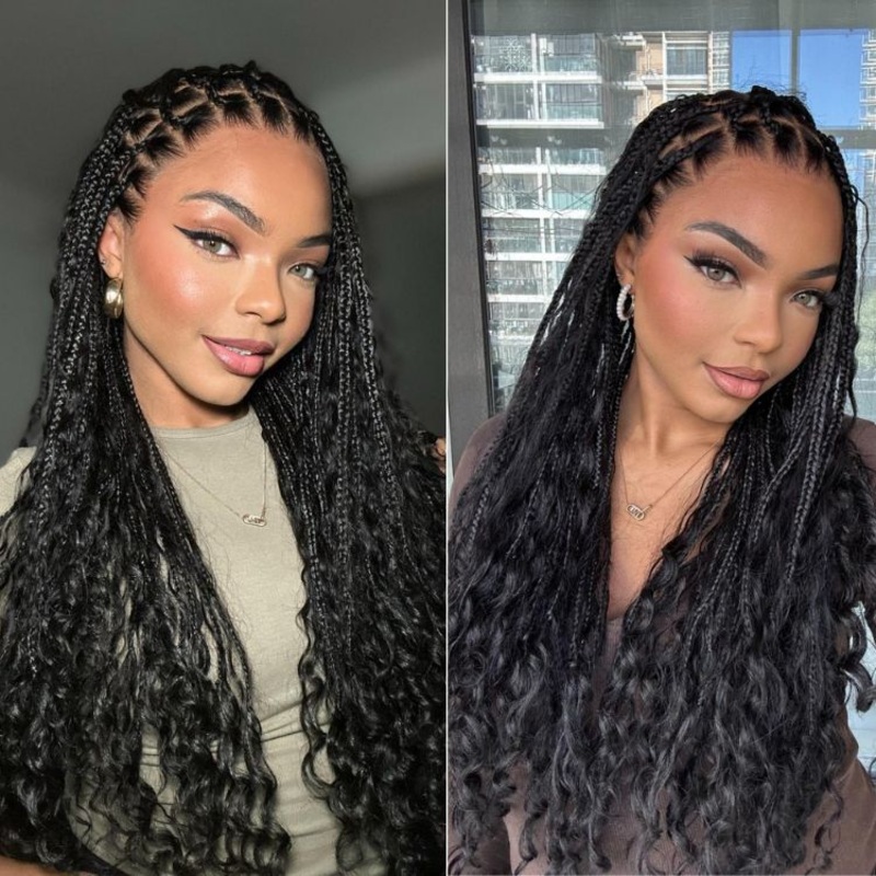 48H Delivery | Flexi-Fit Invisi Drawstring Cap Full Lace Knotless Boho Curls Braided Long Wig Super Natural Scalp -US ONLY Standard Braids Pre-Cut HD Lace 26