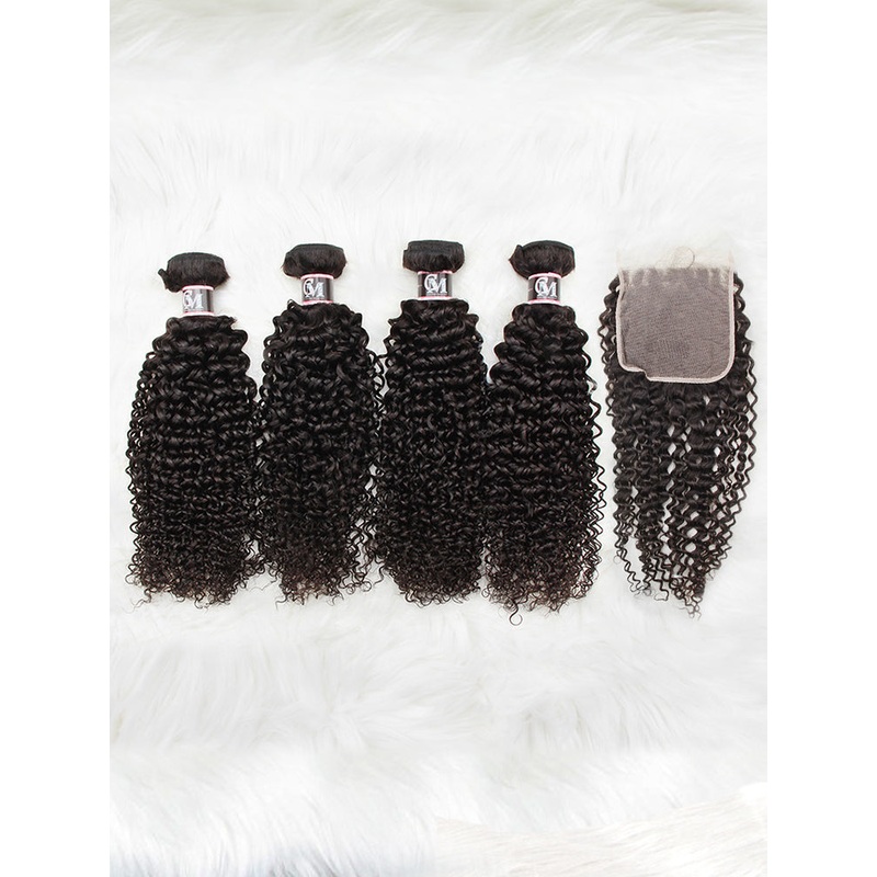 CurlyMe Kinky Curly Virgin Human Hair 4 Bundles with 4×4 Closure Natural Black 8 8 10 10 4×4 Closure 8