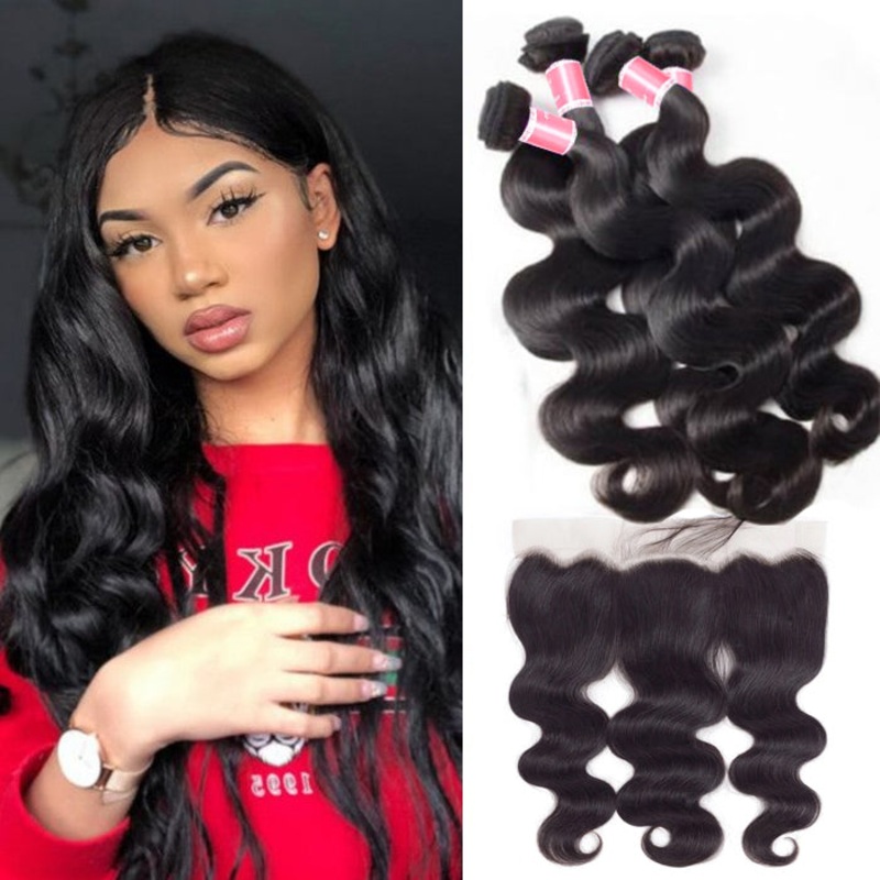 Malaysian Body Wave 4 Bundles With 13X4 Ear To Ear Lace Frontal Natural Color 10 10 12 12+8