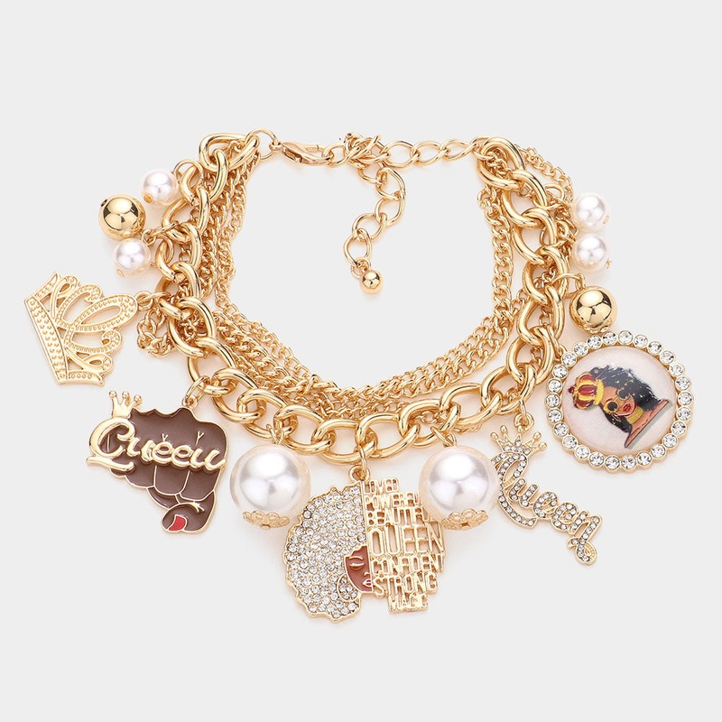 Pearl Crown Queen Message Afro Girl Charm Multi Layered Bracelet Gold