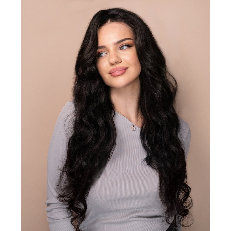 put on & go pre-cut lace wavy human wig – 28″ natural black.