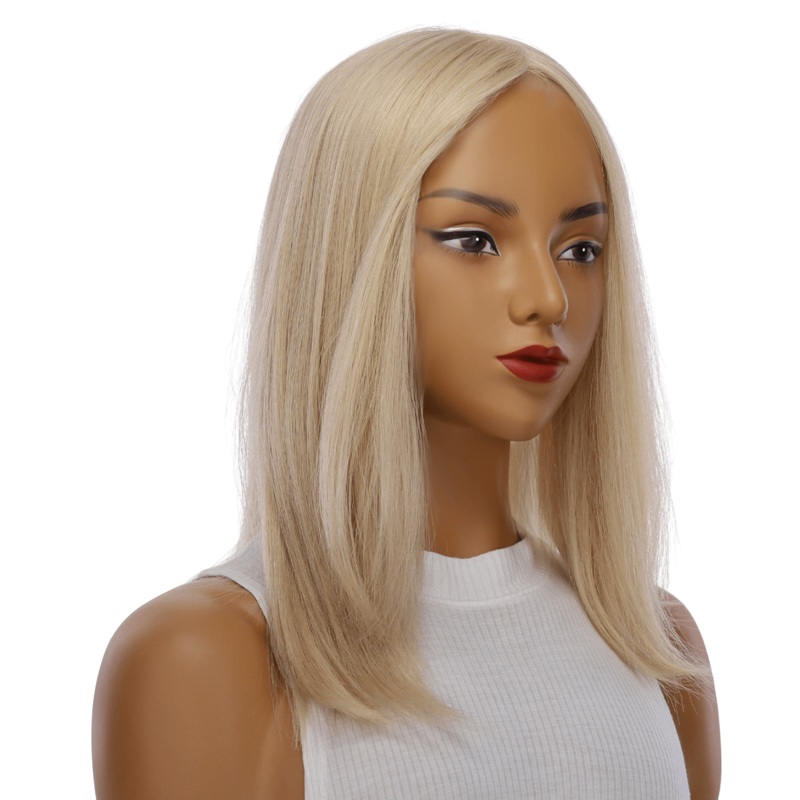 16″ Ponytail Silk Part Wig Beige Blonde w/ No Rooting Zig Zag Lace Front