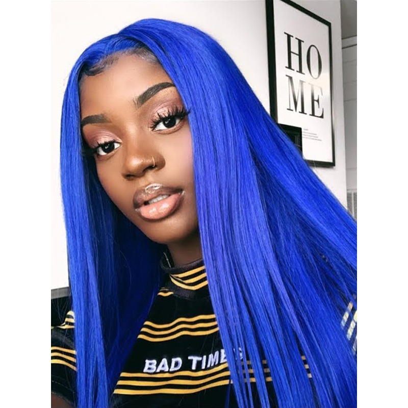 CurlyMe Gemstone Blue Colour Hair Lace Front Wigs Pre Plucked Straight Human Hair 180% 16