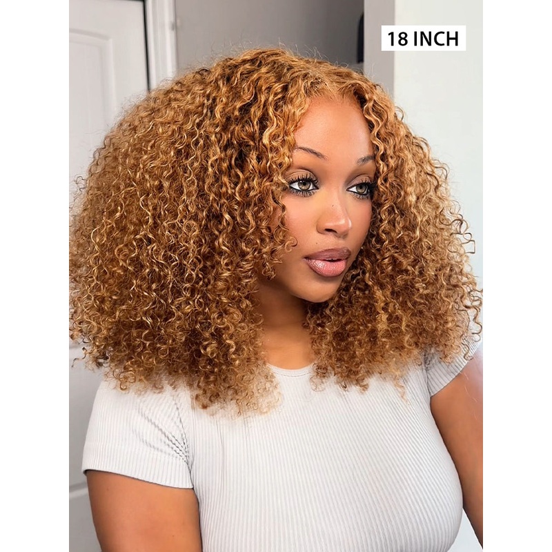 CurlyMe Wear Go Glueless Highlights Ombre Hair Pre-cut HD Lace Kinky Curly Wig 8(bob)