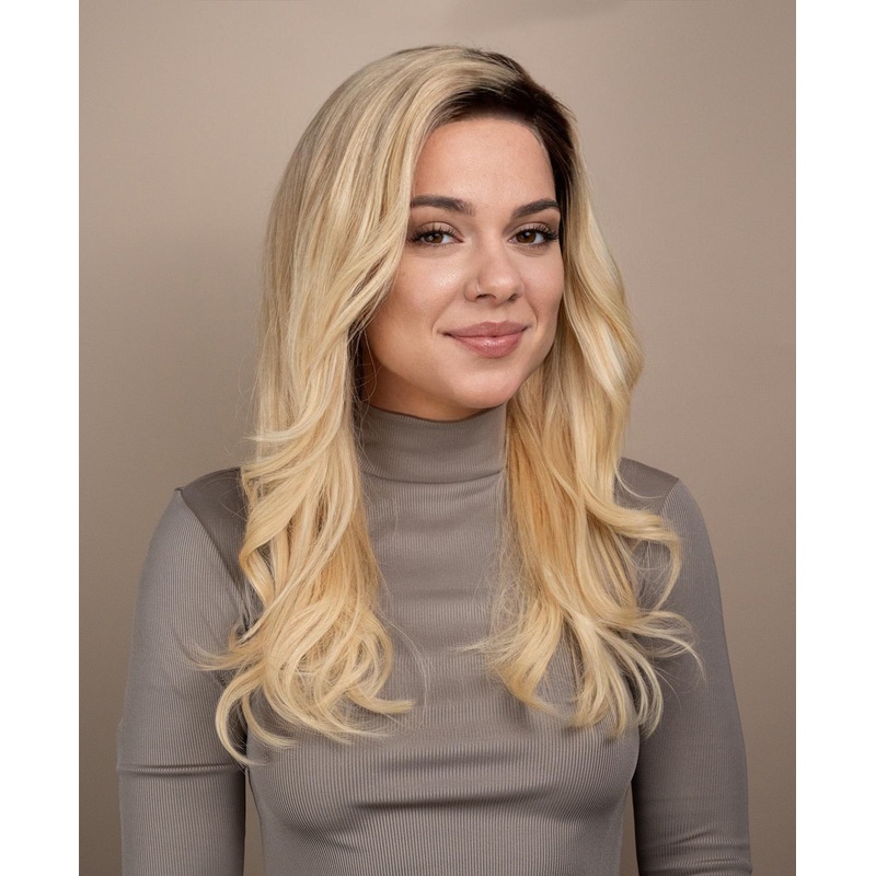 put on & go human wig – 20″ rooted blonde.